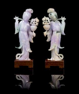 A Matching Pair of Chinese Jadeite Meirens EARLY 20TH CENTURY Height 7 x width 3 inches (with stand).