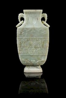 A Chinese Celadon Jade Archaistic Vase 18TH CENTURY Height 10 3/8 inches.