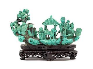 A Chinese Carved Turquoise Figural Group 19TH/20TH CENTURY Length 5 1/2 inches.
