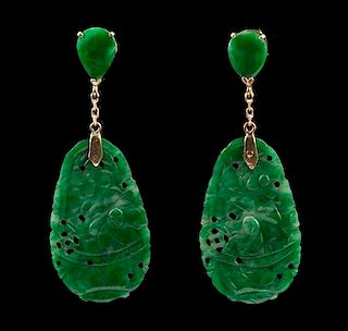 A Pair of Jadeite Plaque Earrings Height 2 inches.