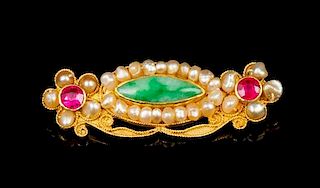 A Jadeite, 24 Karat Gold and Pearl Brooch Width 2 inches.