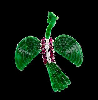 A Jadeite, White Gold, Diamond and Ruby Brooch Height 2 1/4 inches.