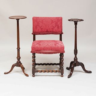 Charles II Padouk Back Stool and Chinese Export Padouk Candlestand