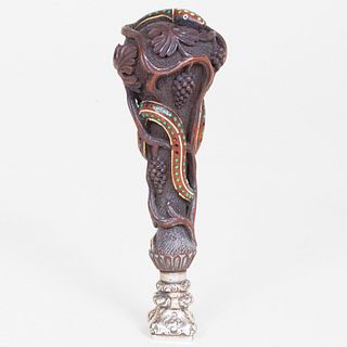 Continental Inlaid Carved Wood Cane Handle Mounted with a French Silver Seal