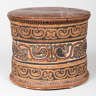 Ethnographic Polychrome Decorated Bark and Rattan Box