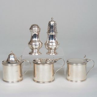 Group of Three English Silver Mustard Pots and a Caster
