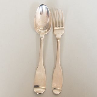 Early French Silver Fork and Spoon Set Engraved with Crest