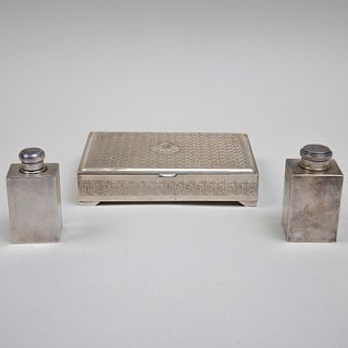 Pair of French Keller Silver Toilet Bottles and Middle Eastern Presentation Cigarette Box