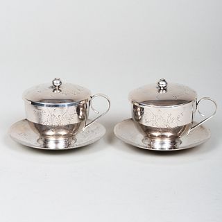 Pair of Chinese Export Silver Teacups, Saucers and Covers