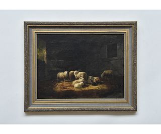 Oil on Canvas Sheep and Chickens