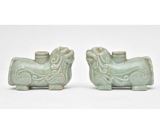 Pair of Chinese Celadon Dog Form Candlesticks