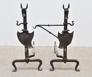 Pair of Wrought Iron Dragon Form Andirons