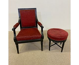 Swedish Upholstered Black Chair and Stool