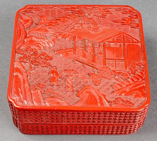 Chinese Carved Cinnabar Lacquer Square Box