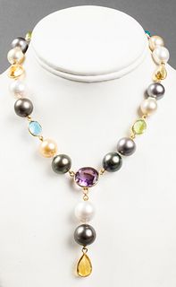 18K Gold, Mixed Pearls & Colored Stone Necklace