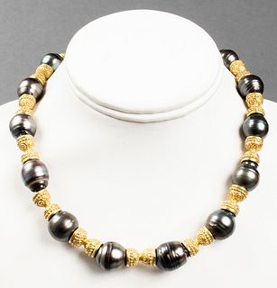 18K Gold & Tahitian Baroque Black Pearl Necklace