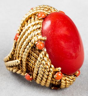 Italian 18K Yellow Gold & Coral Cocktail Ring
