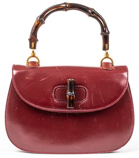 Gucci Burgundy Leather Bamboo Handle Handbag