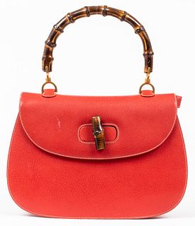 Gucci Red Leather Bamboo Handle Handbag
