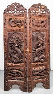 Indonesian Carved Hardwood Two Panel Screen