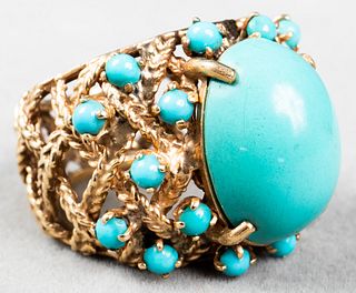 14K Yellow Gold Wide Turquoise Lattice Ring