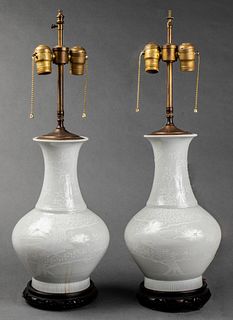 Korean White-Glaze Porcelain Pheasant Lamps, Pair
