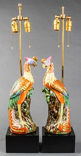 Chinese Export Porcelain Phoenix Lamps, Pair