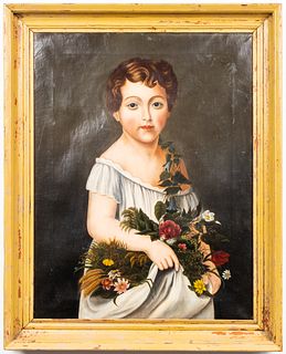 19th C. American School Portrait of a Girl Oil
