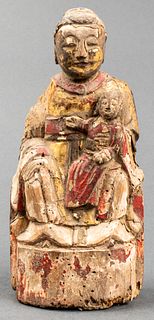 Chinese Ming Wood Figure of Guanyin Seated W Child