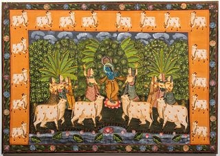Pichhwai Hindu Painting on Cloth Shrine Hanging