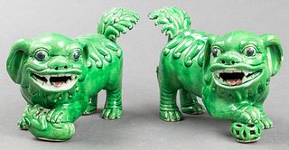 Chinese Green Glaze Pottery Foo Dogs, Pair