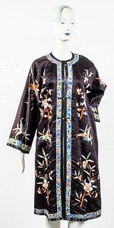 Japanese Floral Embroidered Black Silk Robe