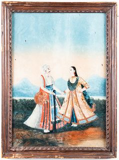 Indian School Reverse Painted Glass Panel