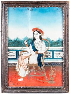 Indian School Reverse Painted Glass Panel