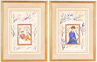 Persian Gouache on Paper, Figure in Garden, Pair