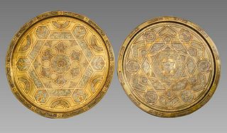 Mamluk revival Syrian Silver Inlaid Brass Trays (2). 