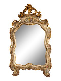 A Venetian Rococo Style Parcel-Gilt and Painted Easel Mirror
Height 30 x width 16 1/2 inches.