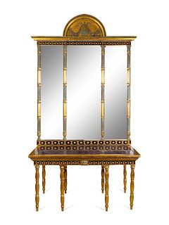 A Swedish Neoclassical Parcel-Gilt, Eglomise and Porphyry Console and Mirror
Height overall 112 1/2 x width 57 1/4 x depth 29 inches. Height of consol
