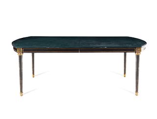 A Russian Neoclassical Style Gilt-Bronze-Mounted Green-Painted Dining Table
Height 29 1/2 x length 86 1/2 x depth 53 1/2 inches.
