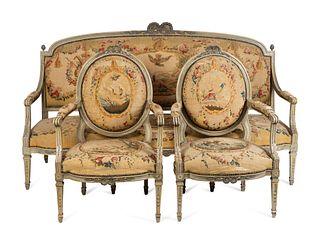 A Louis XVI Tapestry-Upholstered Five-Piece Salon Suite
Height of fauteuils 40 3/4 x width 26 x depth 21 inches; height of canape 44 x length 76 x dep