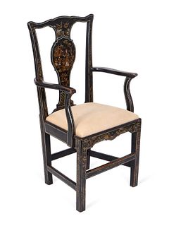 A Set of Six George III Style Black-Japanned Dining Chairs
Height of armchair 37 1/2 x width 21 3/4 x depth 16 inches.