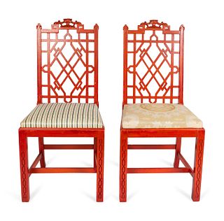 A Set of Eight Chinese Chippendale Style Red Lacquer Side Chairs