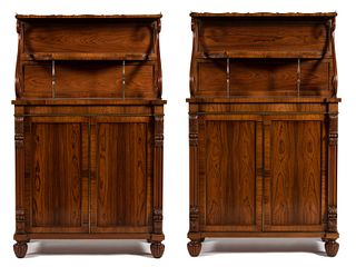 A Pair of Regency Style Rosewood Chiffonieres
Height 58 1/4 x width 38 1/4 x depth 16 3/4 inches.