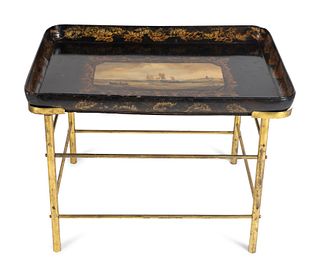 A Victorian Papier-MÃ¢che Tray on Later Brass Stand
Dimensions of tray 30 1/2 x 22 inches; height overall 22 1/2 x length 30 x depth 22 inches.