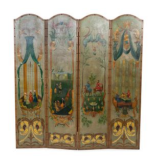 A Painted Leather Four-Panel Floor Screen
Height 78 x each panel width  18 1/8