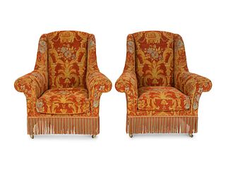 A Pair of Victorian Style Upholstered Wing Armchairs
Height 43 1/2 x width 40 x depth 37 inches.