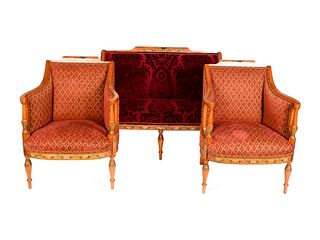 An Edwardian Painted Satinwood Three-Piece Salon Suite
Height of settee 37 x length 52 x depth 28 inches; height of chairs 37 x width 27 x depth 26 in