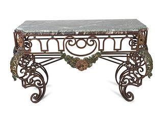 An Italian Rococo Style Wrought-Iron Console
Height 35 1/4 x width 59 x depth 22 inches.