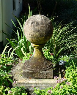 A Pair of Carved Stone Sphere Form Capitals on Pyramid Bases
Height 36 x width 36 inches.