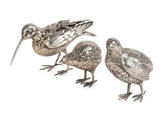 Three Italian Silvered Metal Partridges
Height of largest 5 1/2 x width 8 1/2 inches.